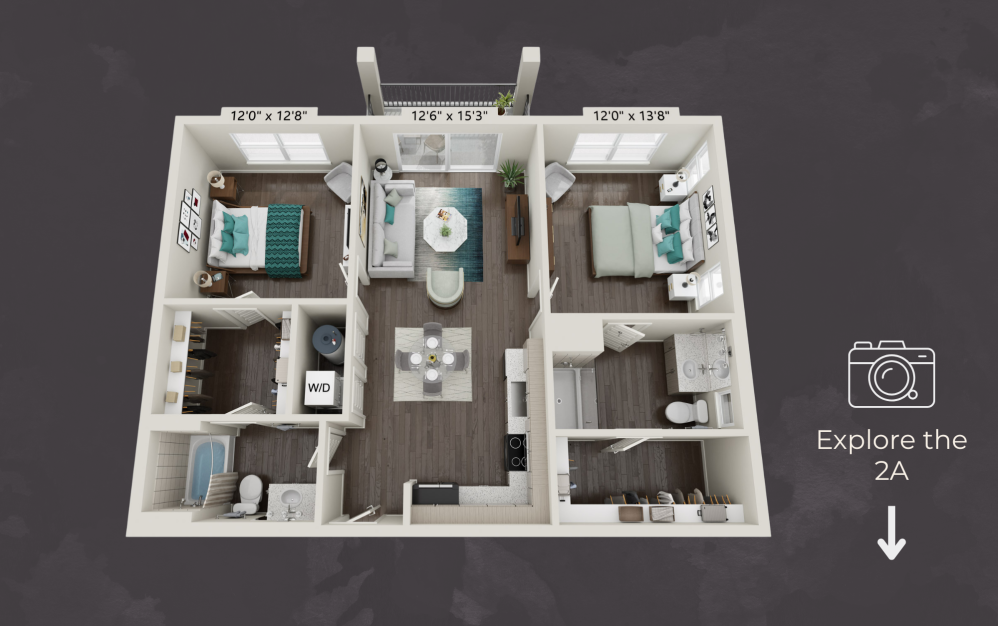 2A - 2 bedroom floorplan layout with 2 bathrooms and 1060 square feet