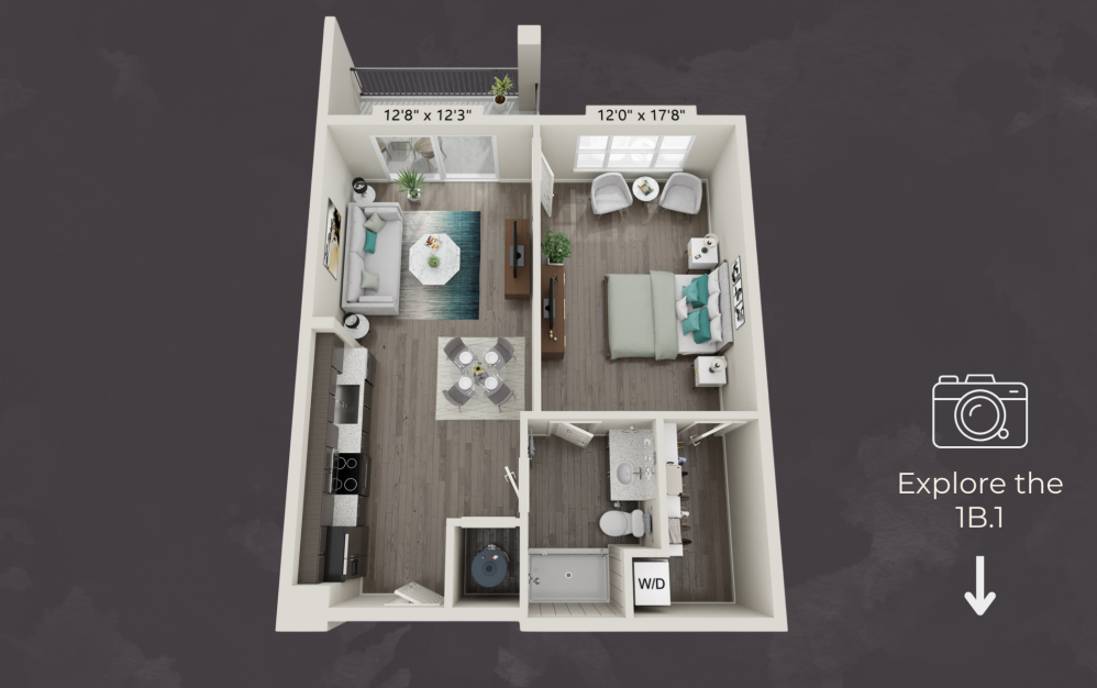 1B.1 - 1 bedroom floorplan layout with 1 bathroom and 757 square feet