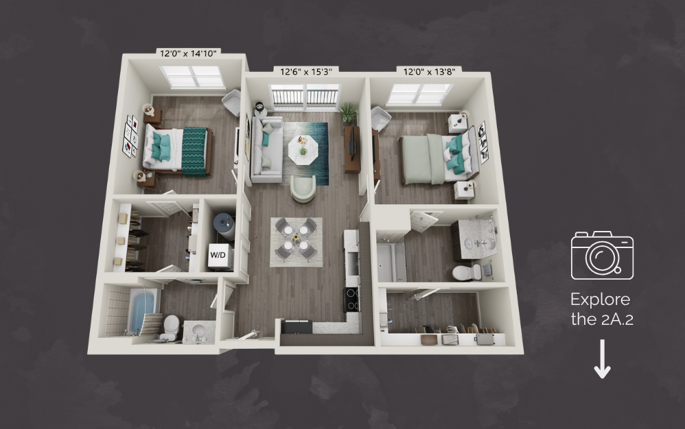 2A.2 - 2 bedroom floorplan layout with 2 bathrooms and 1088 square feet